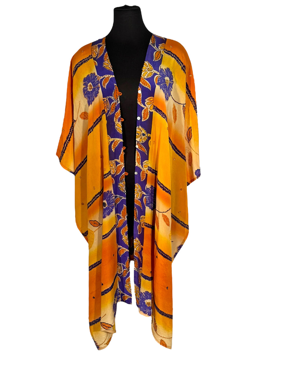 Back view of vintage silk Willow Wrap in orange and blue big floral print with sequins