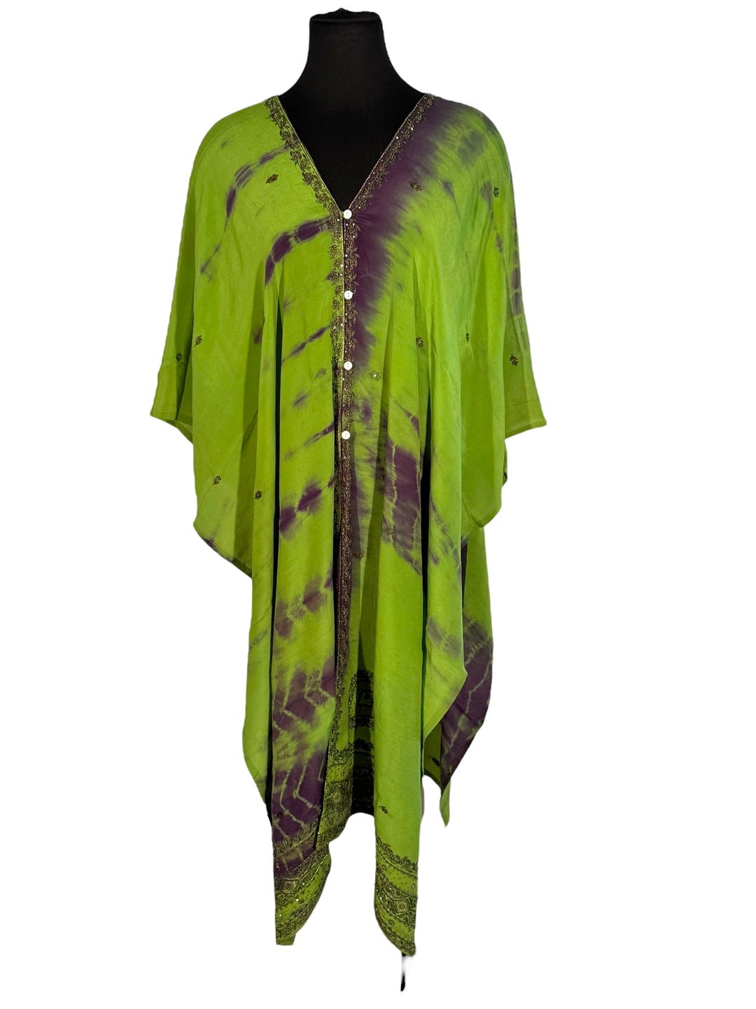 Front view of vintage silk Willow Wrap in bright green dip-dye with gold embroidery