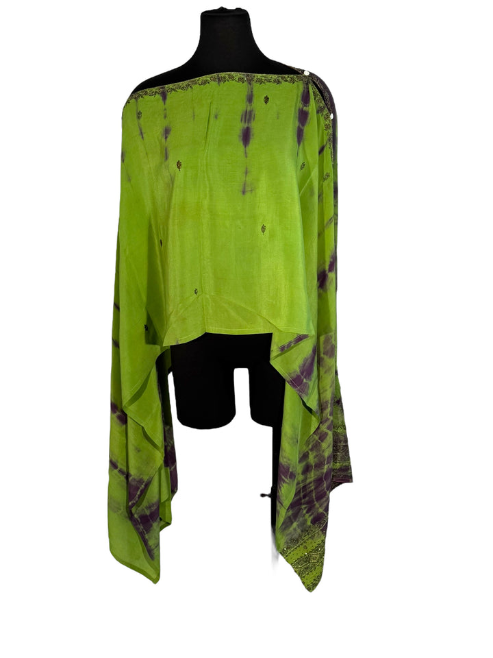 Sideways view of vintage silk Willow Wrap in bright green dip-dye with gold embroidery
