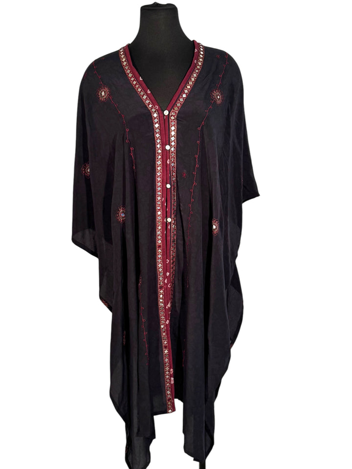Front view of vintage silk Willow Wrap in navy blue  with red embroidery and trim and mirroring
