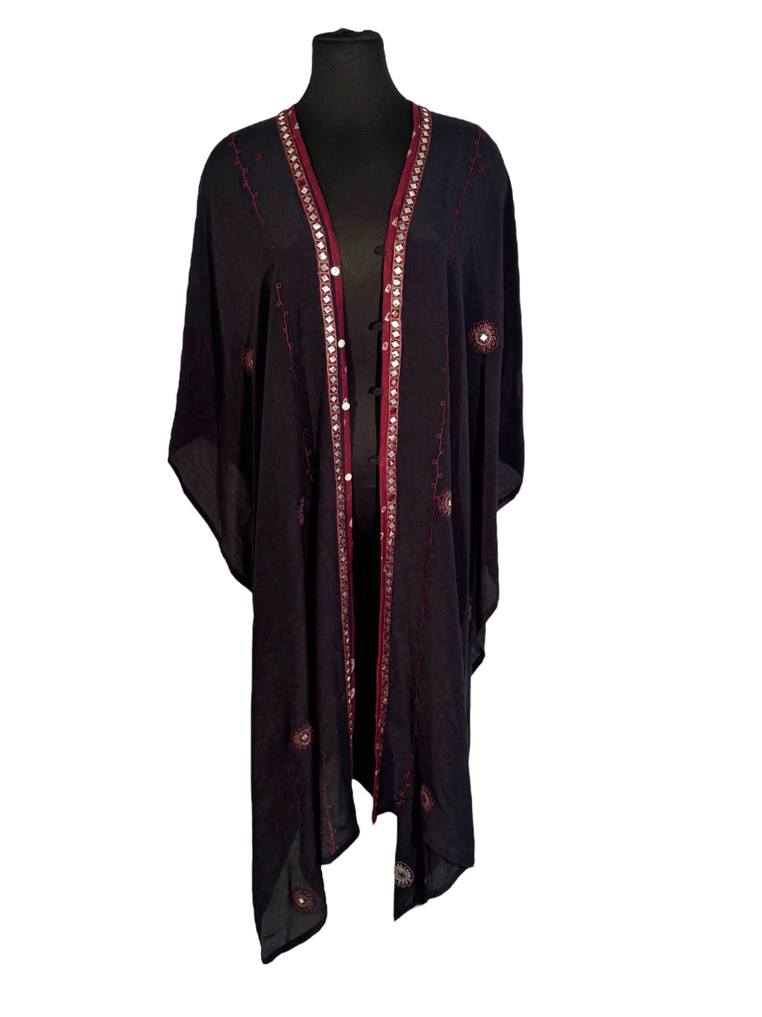 Back view of vintage silk Willow Wrap in navy blue  with red embroidery and trim and mirroring