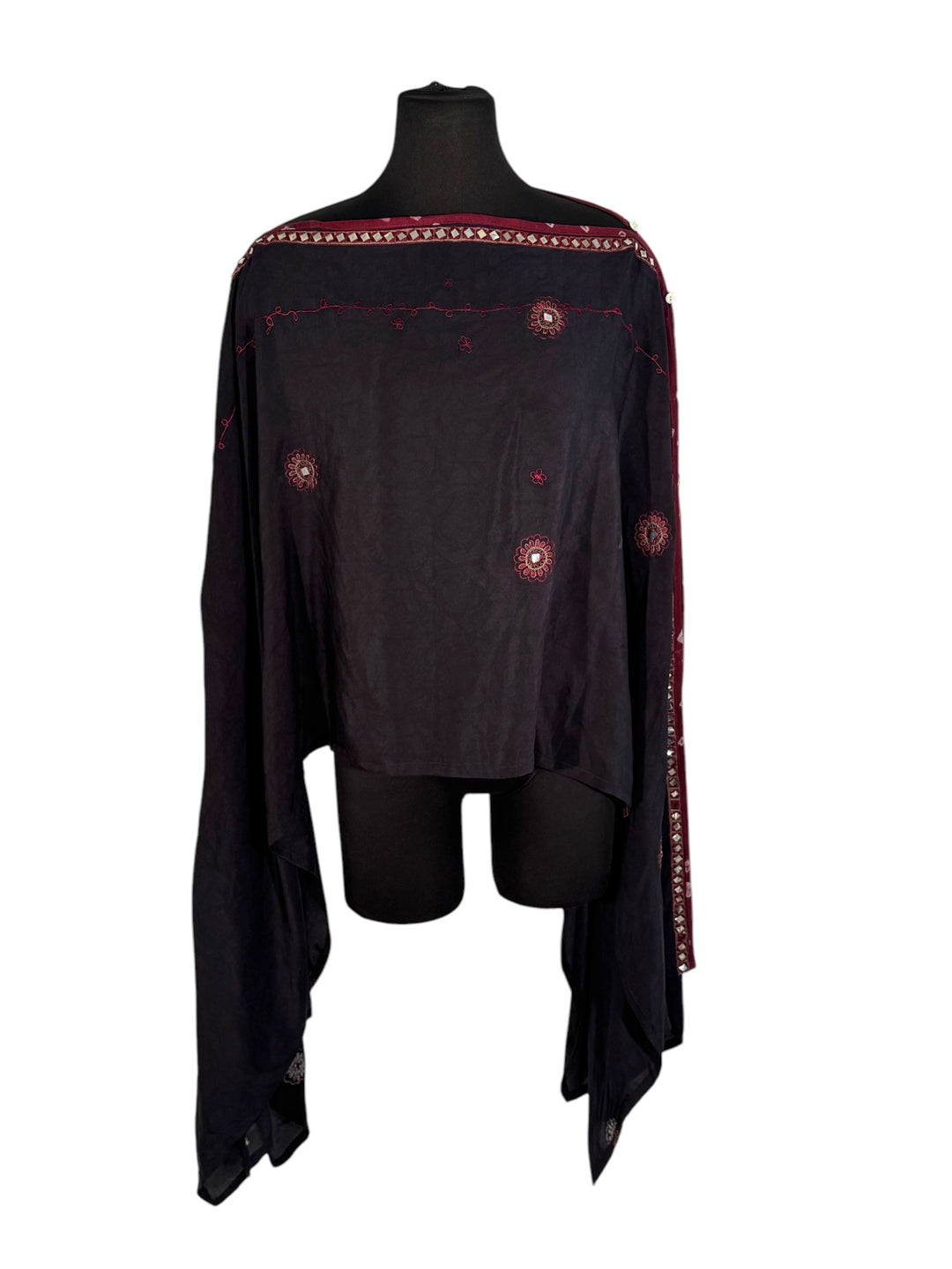 Sideways view of vintage silk Willow Wrap in navy blue  with red embroidery and trim and mirroring
