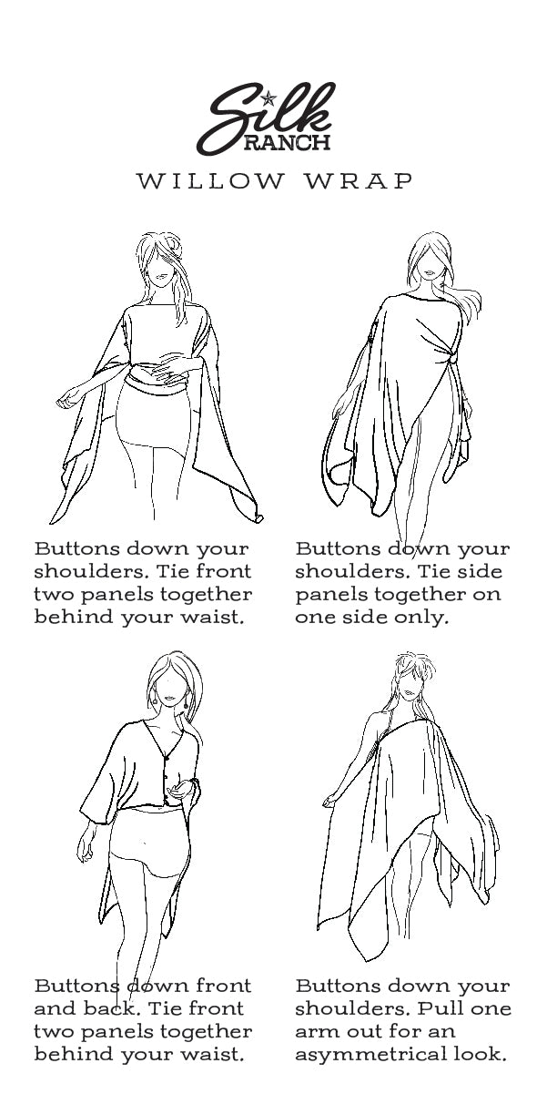 Four panels showing different ways to style the Silk Ranch Willow Wrap.