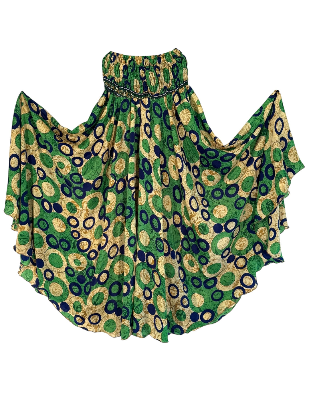 Green and gold patterned palazzo pant  with a blue circle pattern on white background