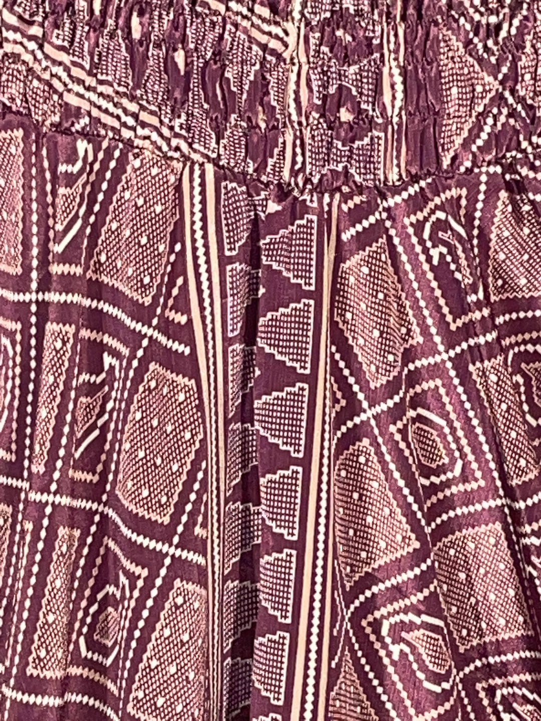 Close up view of plum print on sustainable silk blend