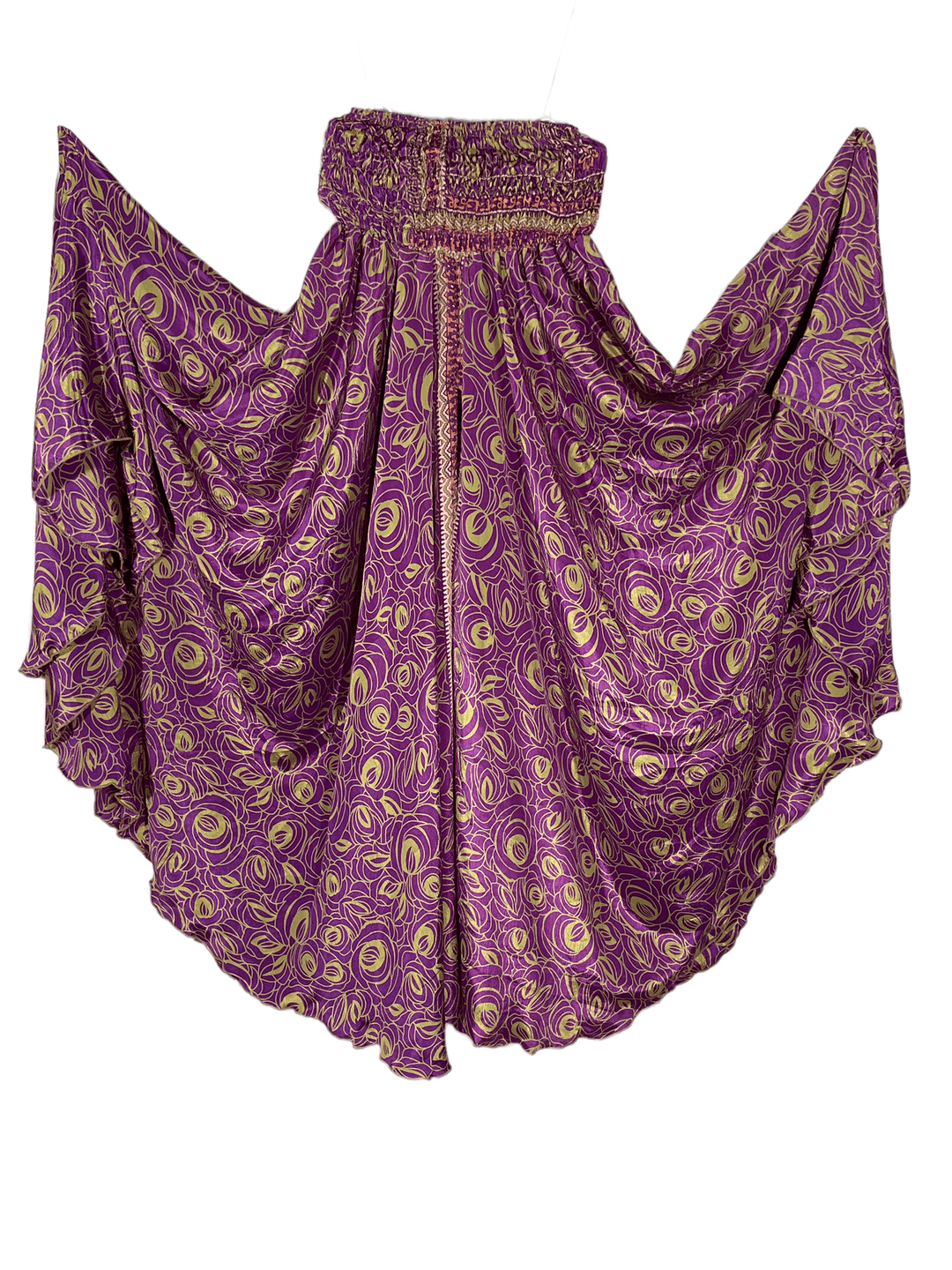 rich purple and gold all over floral print palazzo in sustainable, reclaimed silk blend.  39" length from waist