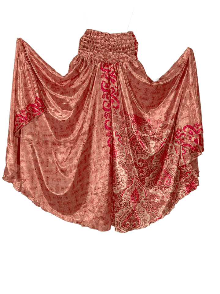 Elegant red and pink paisley print palazzo in sustainable, reclaimed silk blend.  39" length from waist