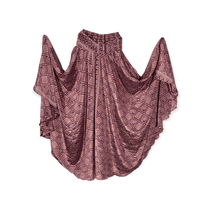 39" length from waist palazzo with plum geometric print in sustainable, reclaimed silk blend