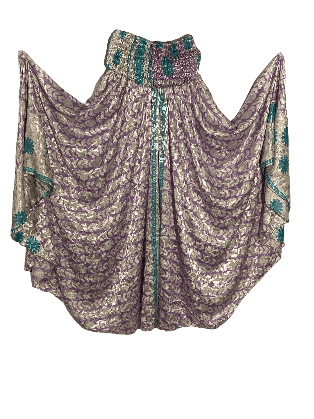 Cream and pale purple silk blend with teal accent, palazzo in sustainable, reclaimed fabric.  39" length from waist