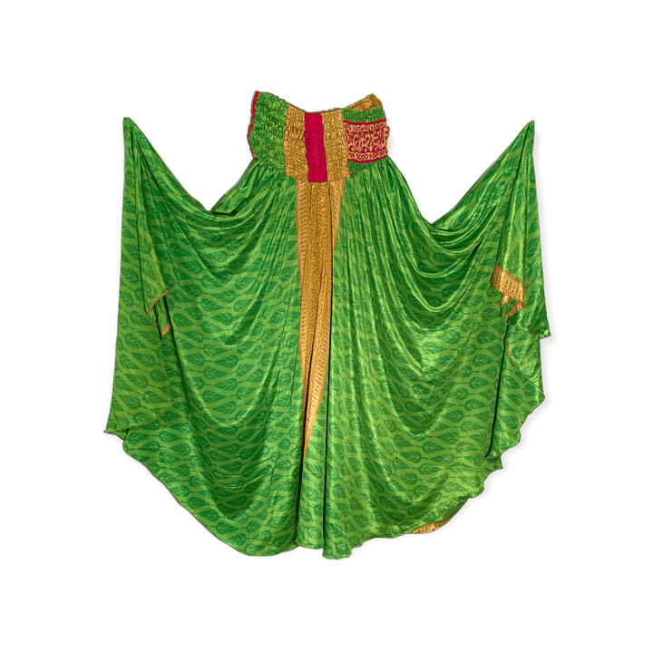 Bright green palazzo with pink and gold accents in sustainable silk blend.  39" length from waist