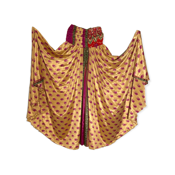 Gold with fuchsia feather print sustainable silk palazzo, one size, 39" length from waist